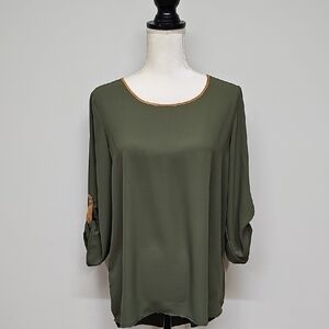Tacera Olive Green Sheer Blouse with 3/4 Sleeves And Brown Faux Suede Trim